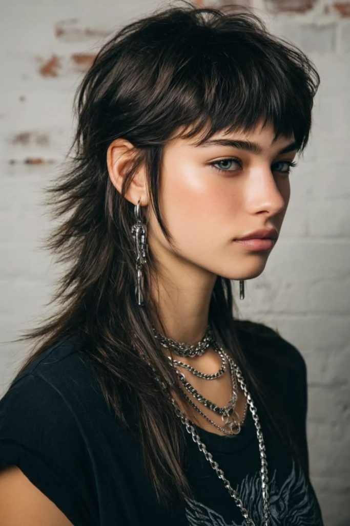 Razor shag featuring dramatic micro bangs.