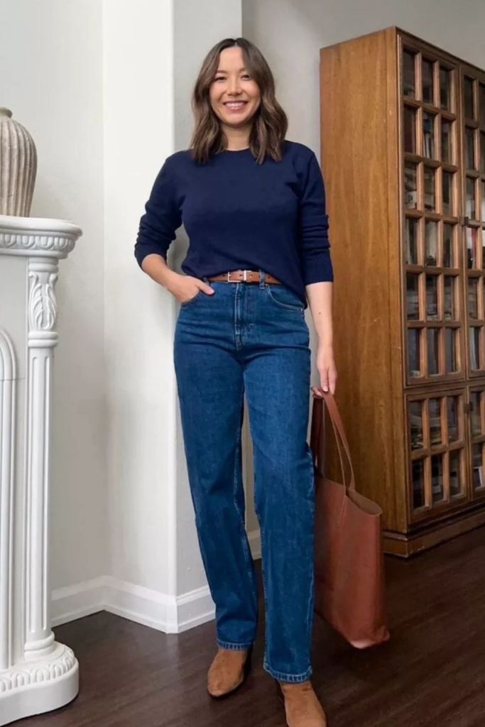 Navy sweater with classic jeans