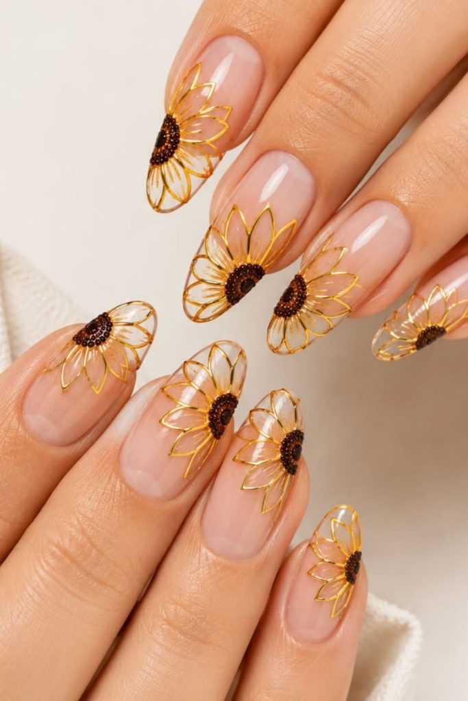 Golden sunflower Leo zodiac nails