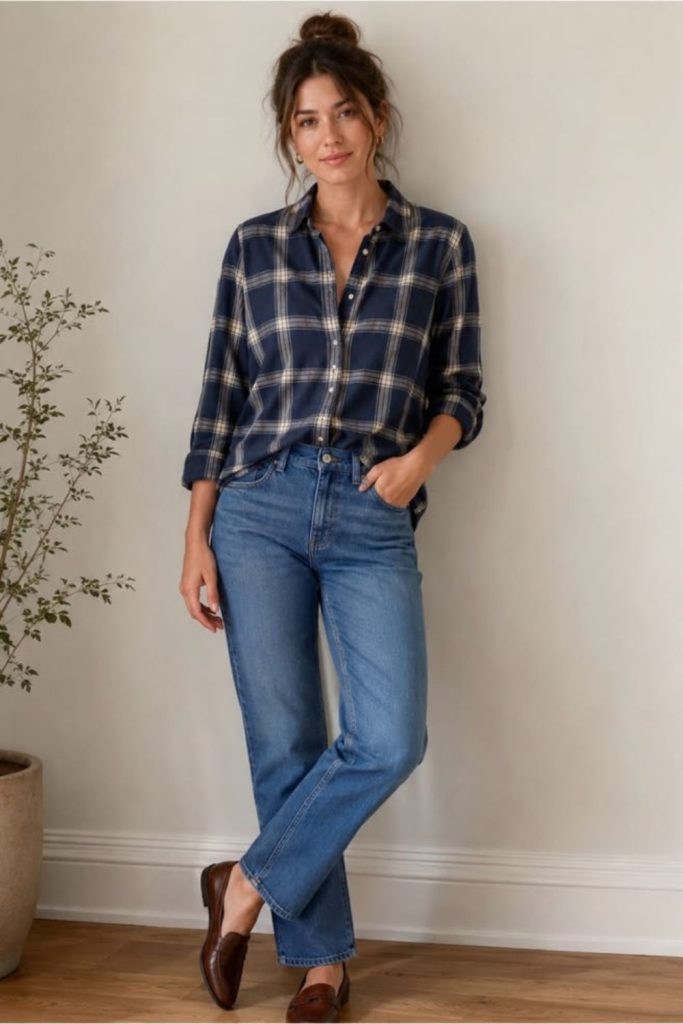 Plaid shirt with dark jeans