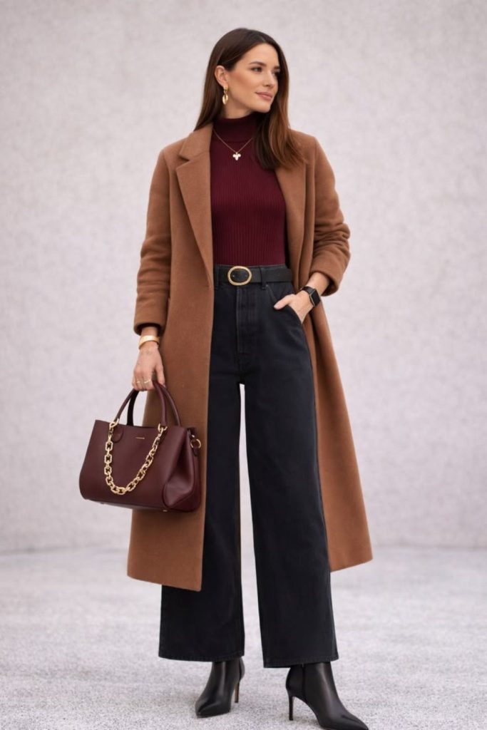 Burgundy sweater with denim jeans