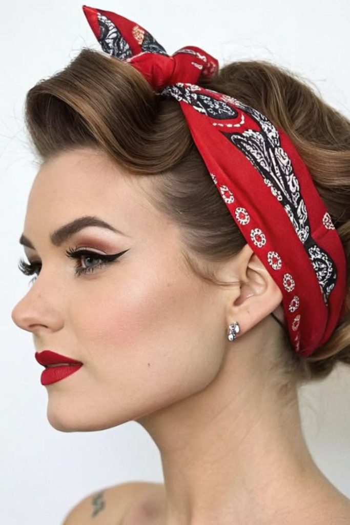 Retro beehive hairstyle with bandana.