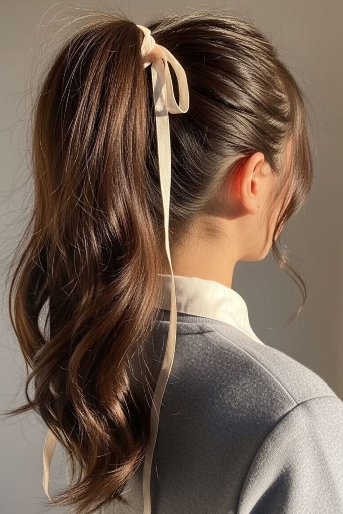 High ponytail wrapped with colorful ribbon.