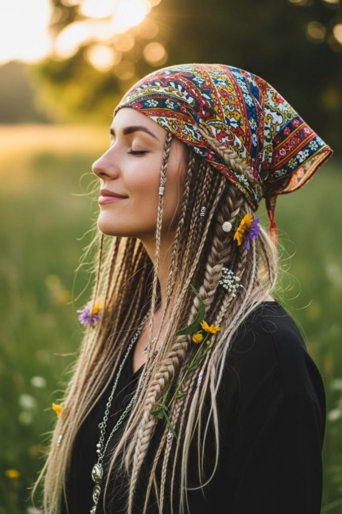Waterfall braid accented by soft bandana.