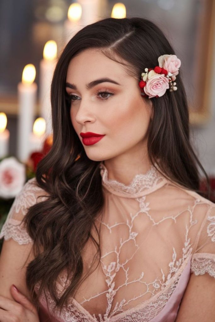 Straight hair with crystal rose accents.