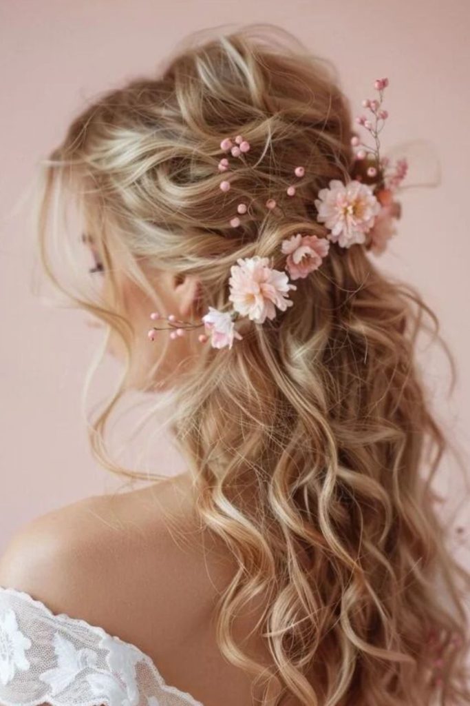 Rose quartz waterfall braid hairstyle.