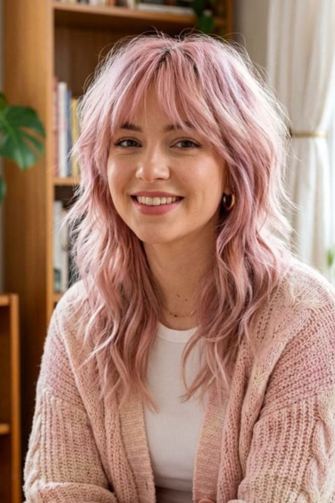 Rose quartz wolf cut with bangs.