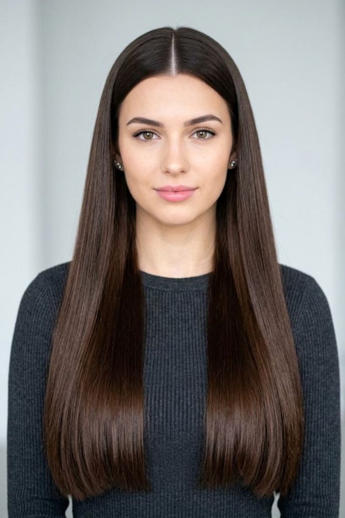 Rosewood silk flowing straight hairstyle.