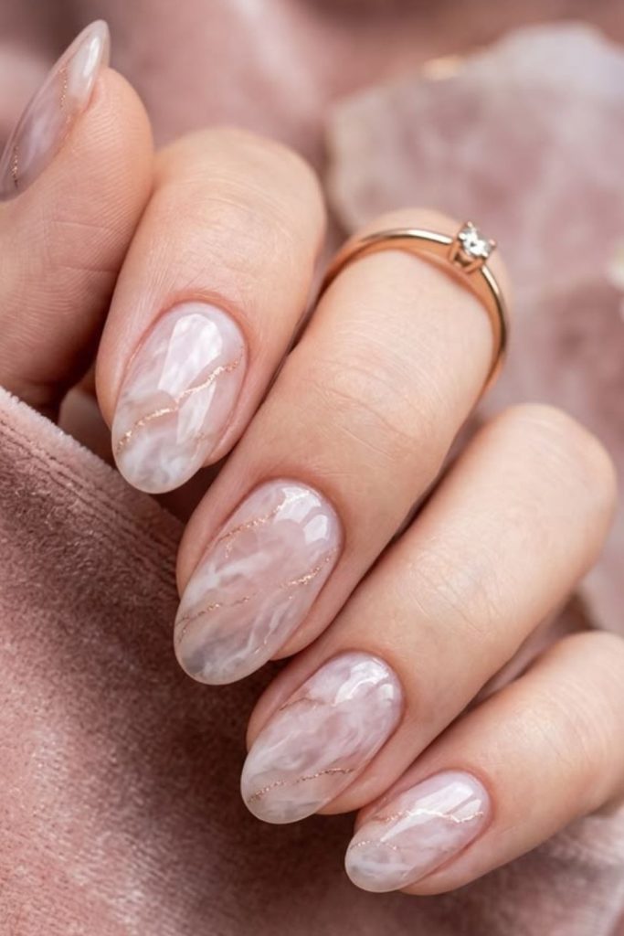 Pink marble nails with gold veins.