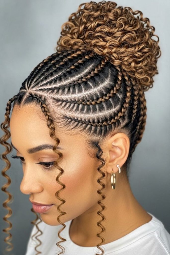 Intricate basket weave cornrow hairstyle.