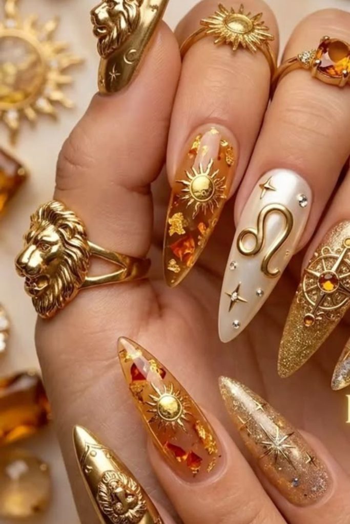 Royal gold Leo zodiac nails