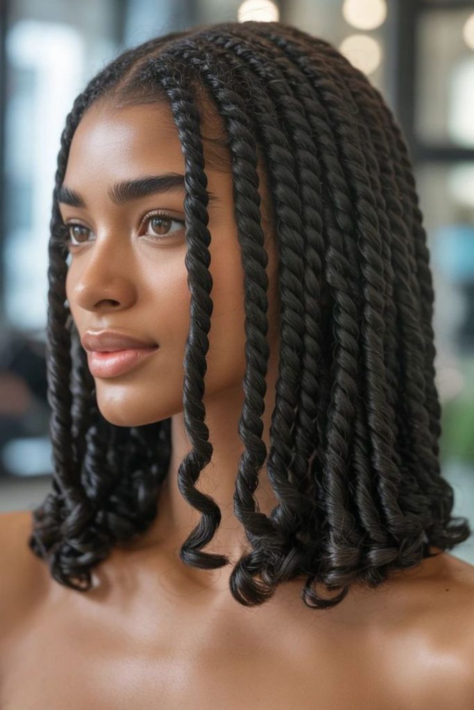 Medium Senegalese rope twists hairstyle.