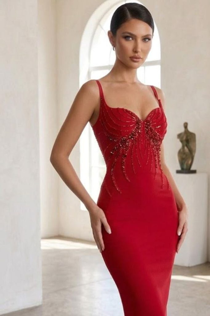 Ruby red bandage dress glamorous look