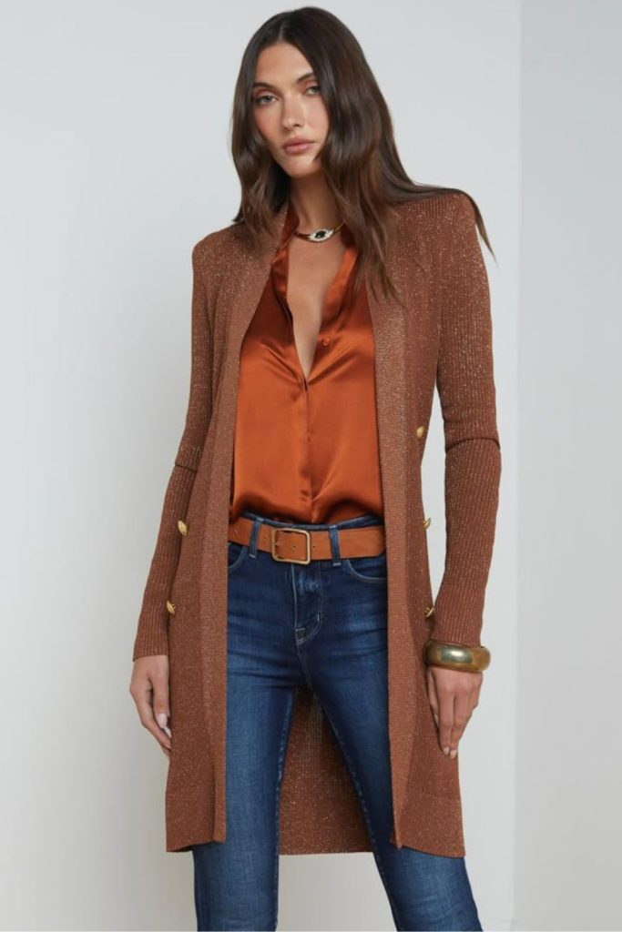 Rust blouse with dark denim