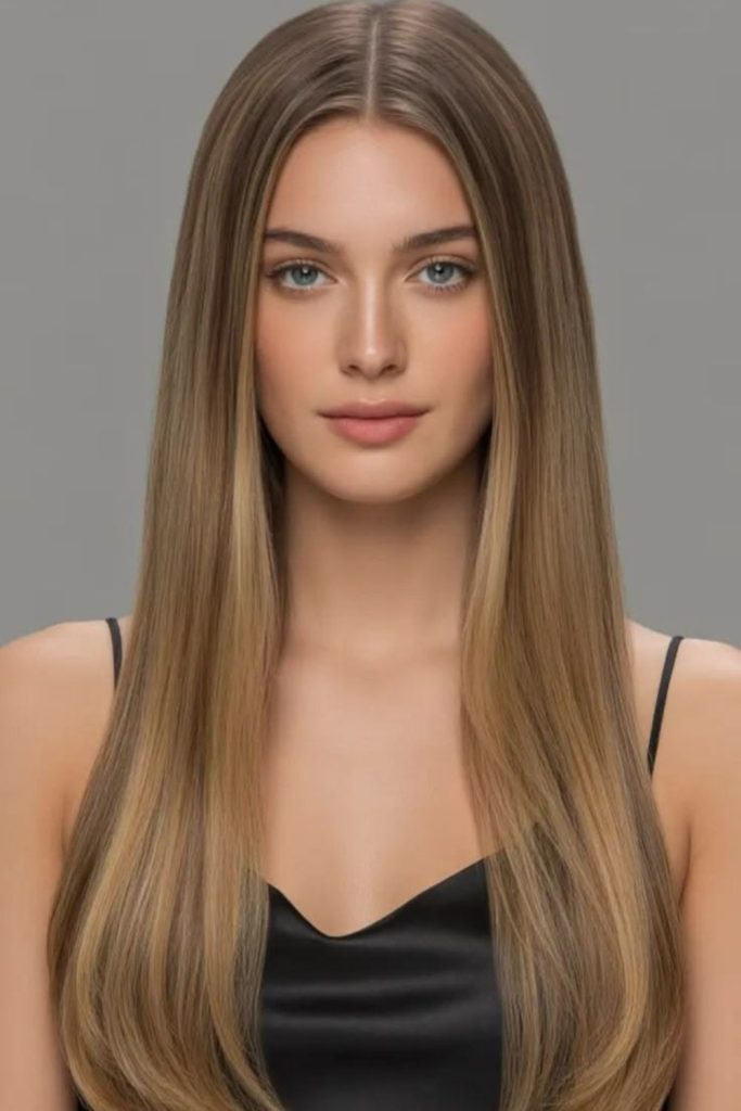 Sandstone sleek straight layered hairstyle.