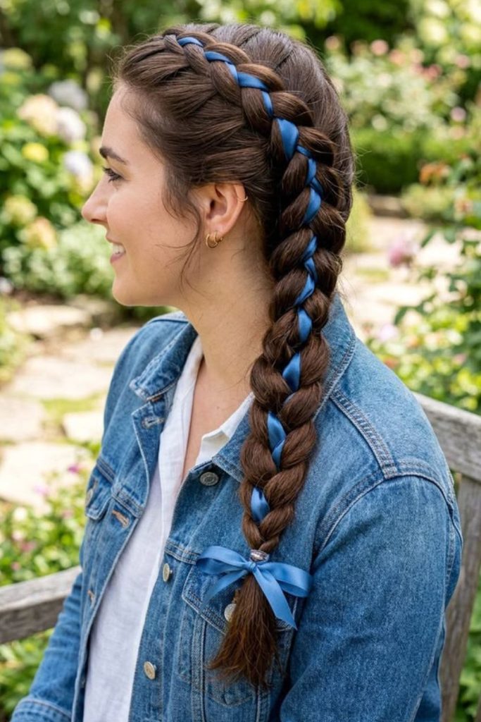 Sapphire ribbon twisted hairstyle.
