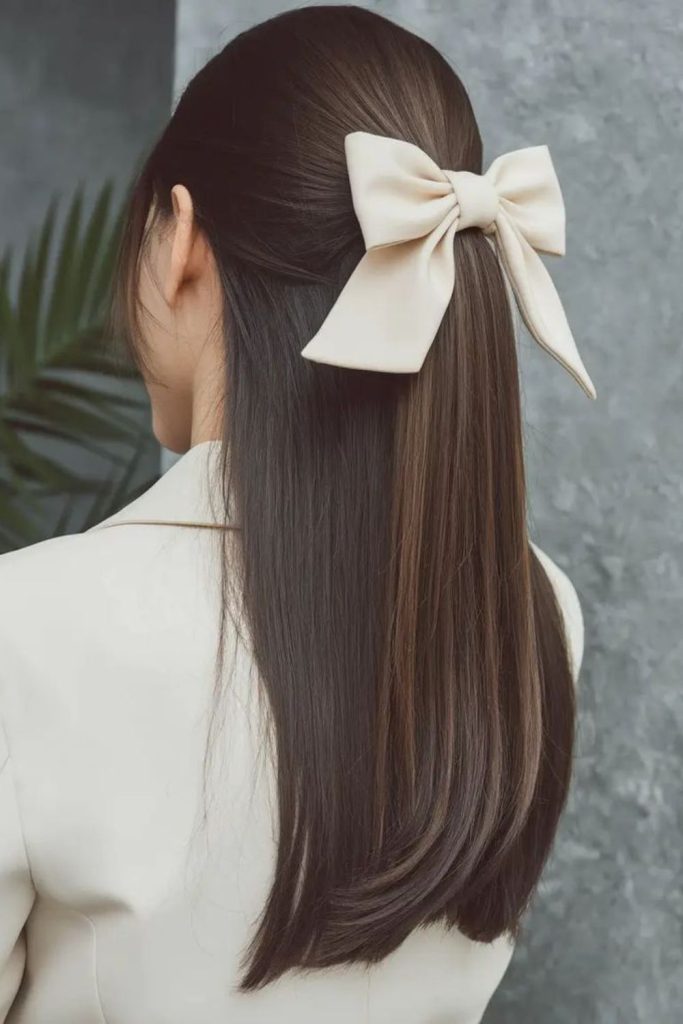 Straight hair tied with satin ribbon.