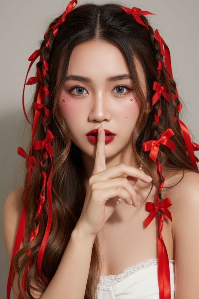 Scarlet ribbon cascading hairstyle.
