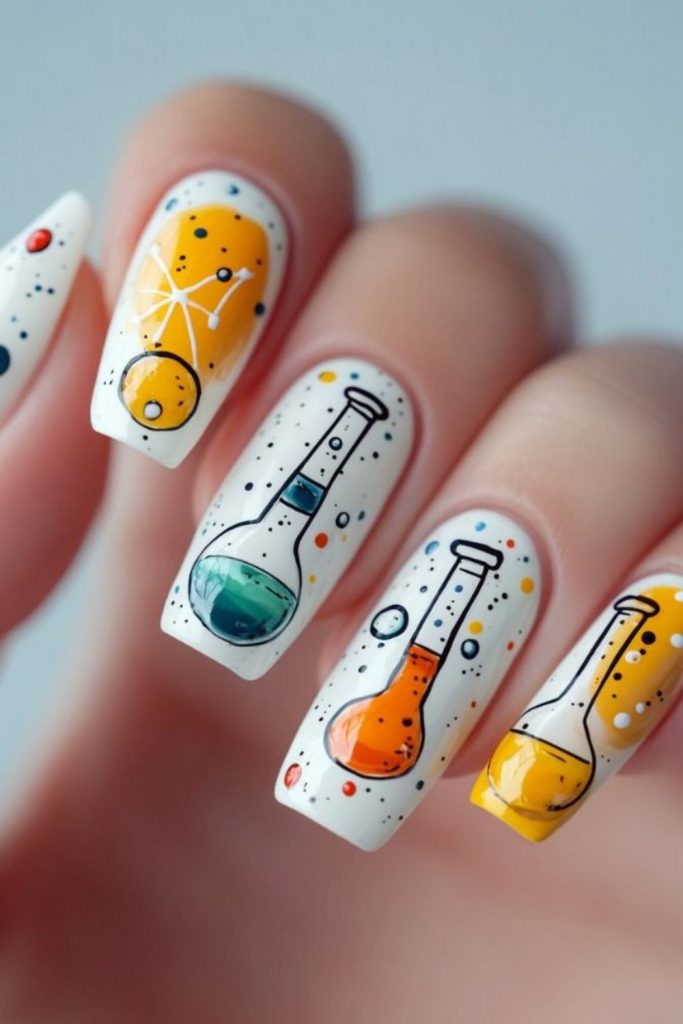 Science laboratory inspired teacher nail art.