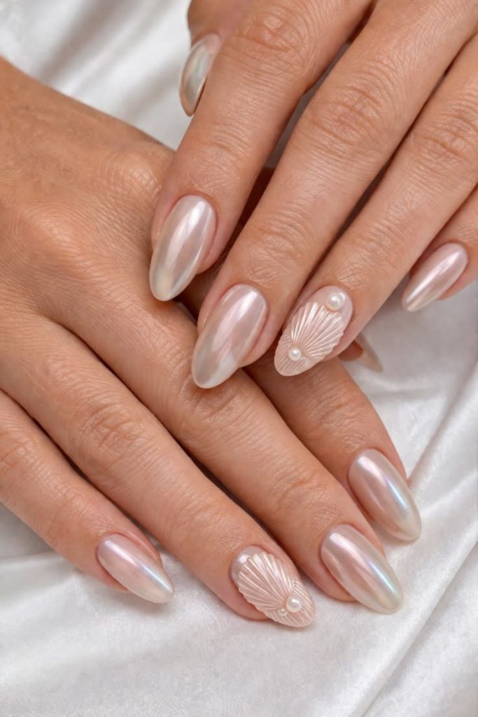 Pearly seashell inspired beach nail design.