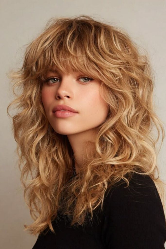 Fluffy shag haircut with curtain bangs.