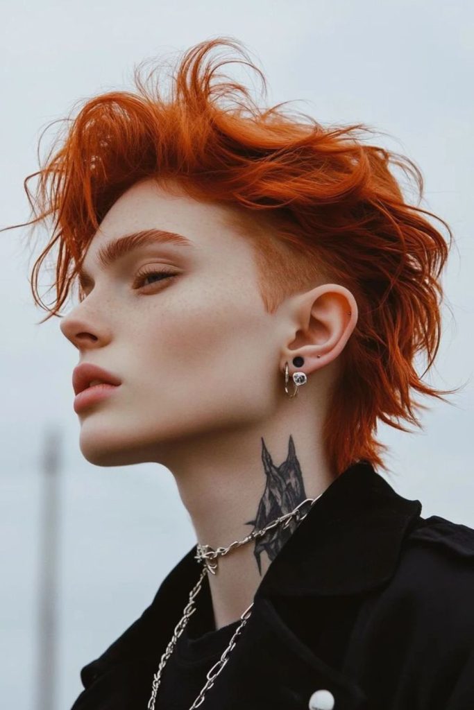Shaved temple shag with layered lengths.