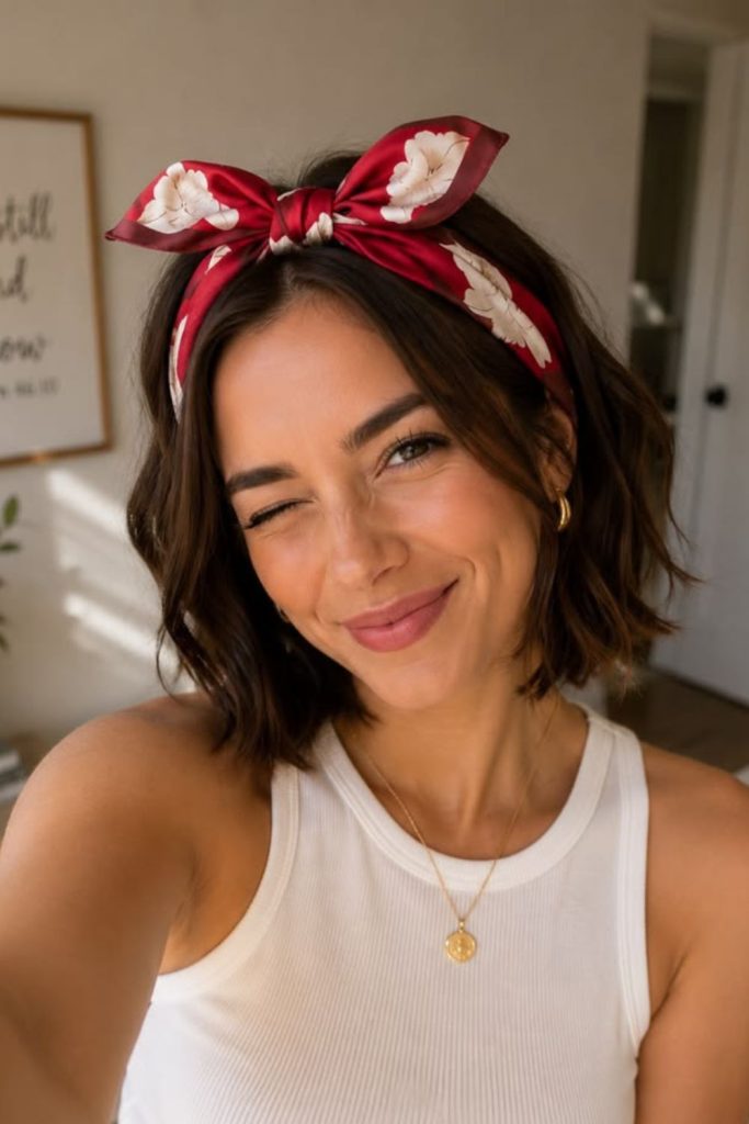 Chic bob wearing knotted bandana.