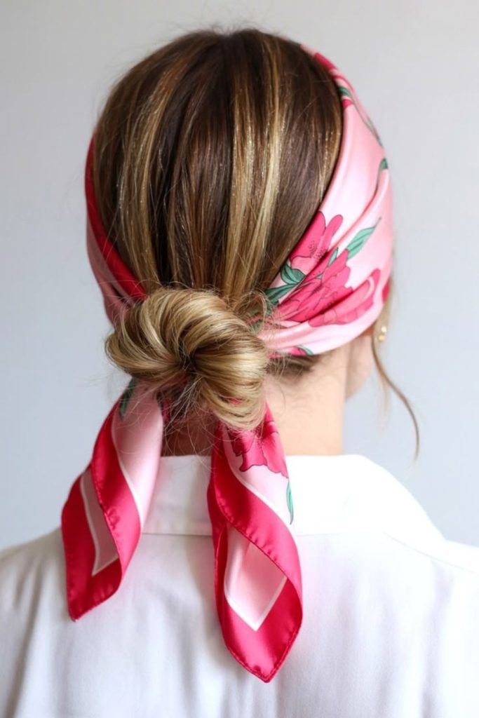 Side bun wrapped in floral bandana.