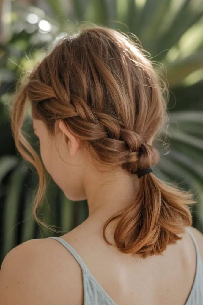 Side fishtail braid medium hairstyle.