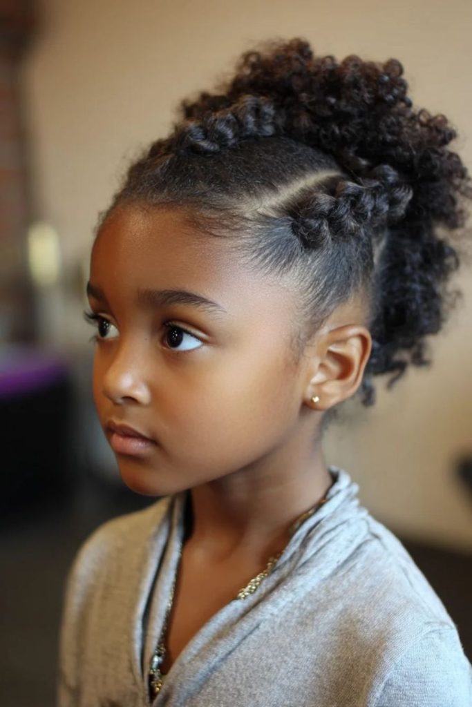 Side parted natural afro hairstyle.