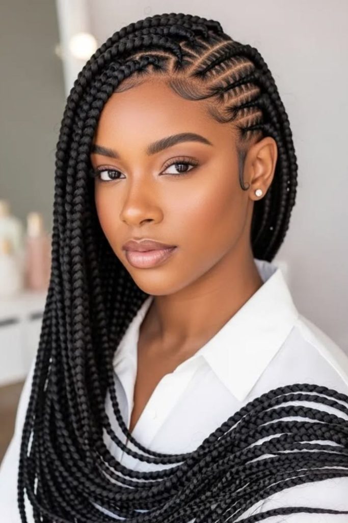 Side swept elegant natural cornrow braids.