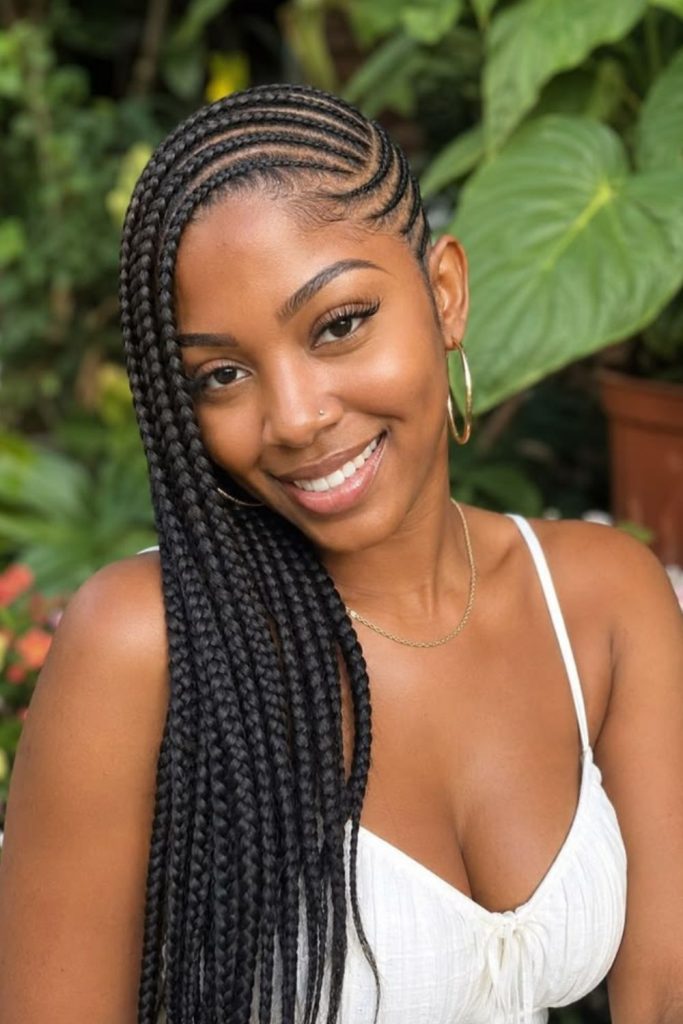Graceful side-swept natural cornrows style.