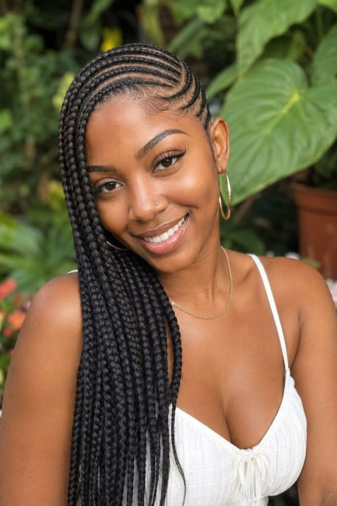 Side-swept natural cornrow braid style.