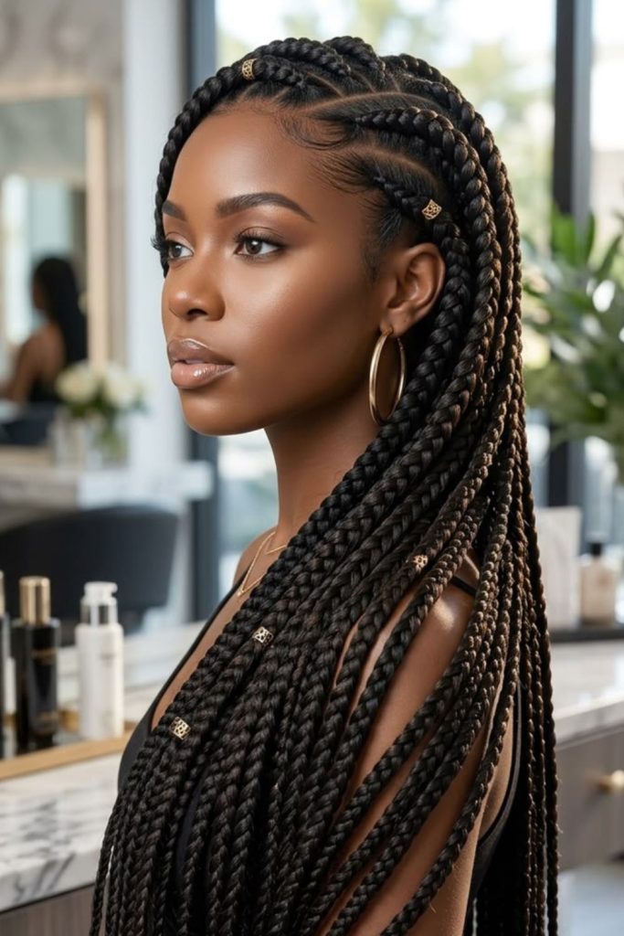 Side swept artistic cornrow braid style.