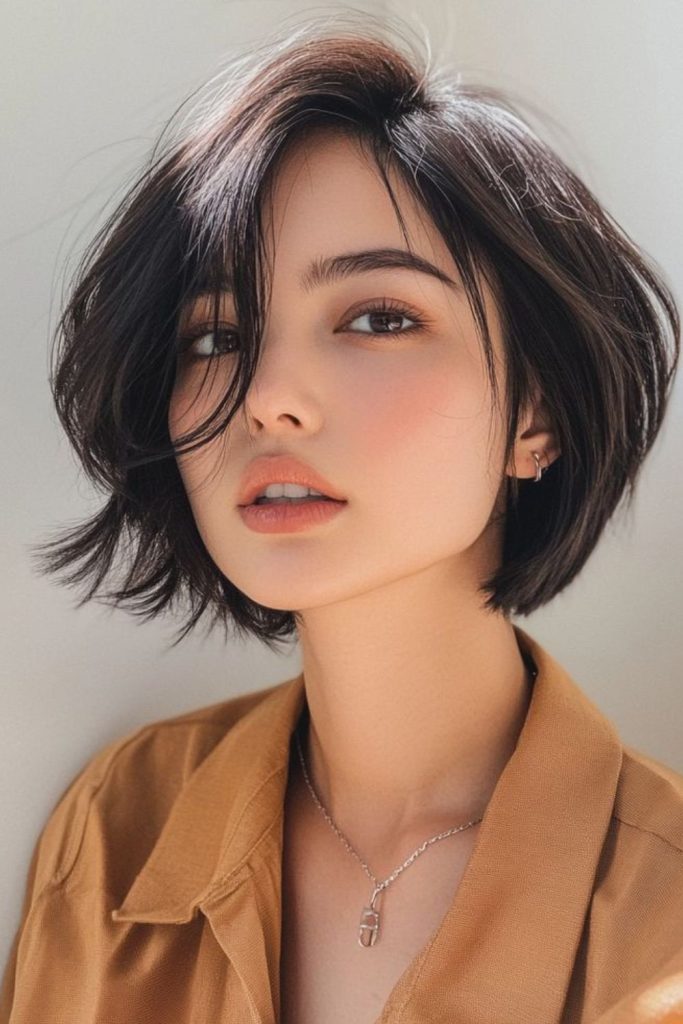 Side swept sleek bob hairstyle.