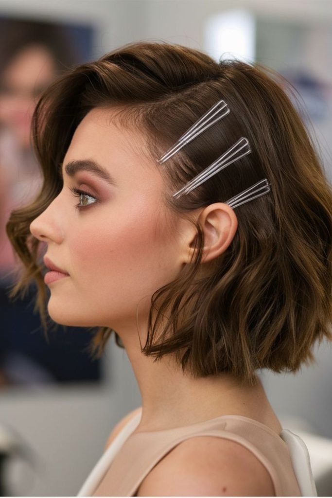 Side-swept hair with decorative clips.