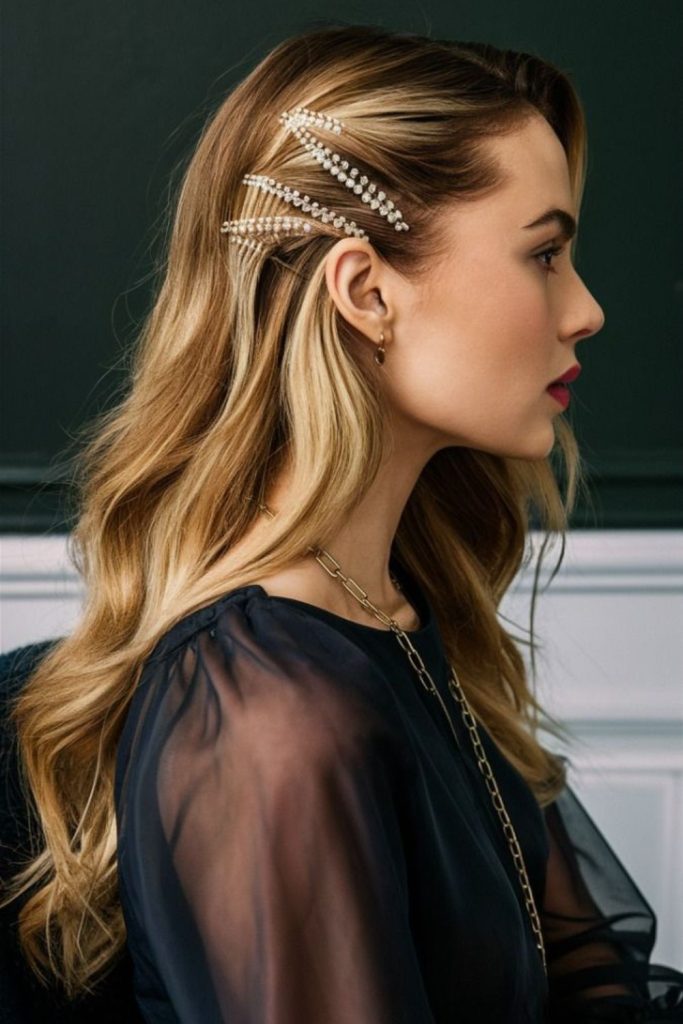 Side-swept hair with pearl clips.