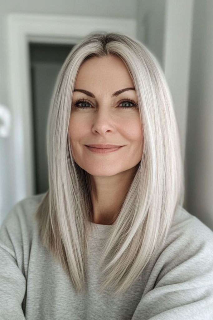 Silver luxe sleek straight hairstyle.
