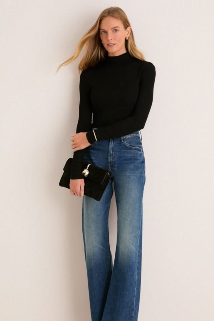 High rise jeans turtleneck elegant outfit