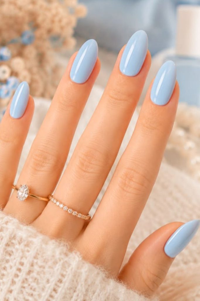 Glossy sky blue everyday school nails.
