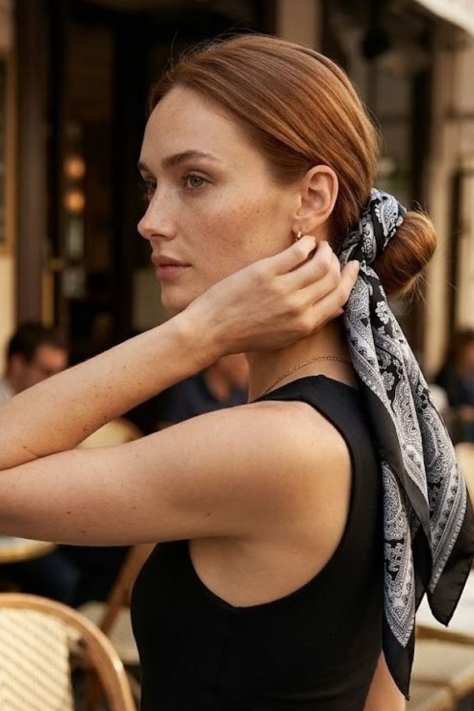 Sleek low bun with bandana.