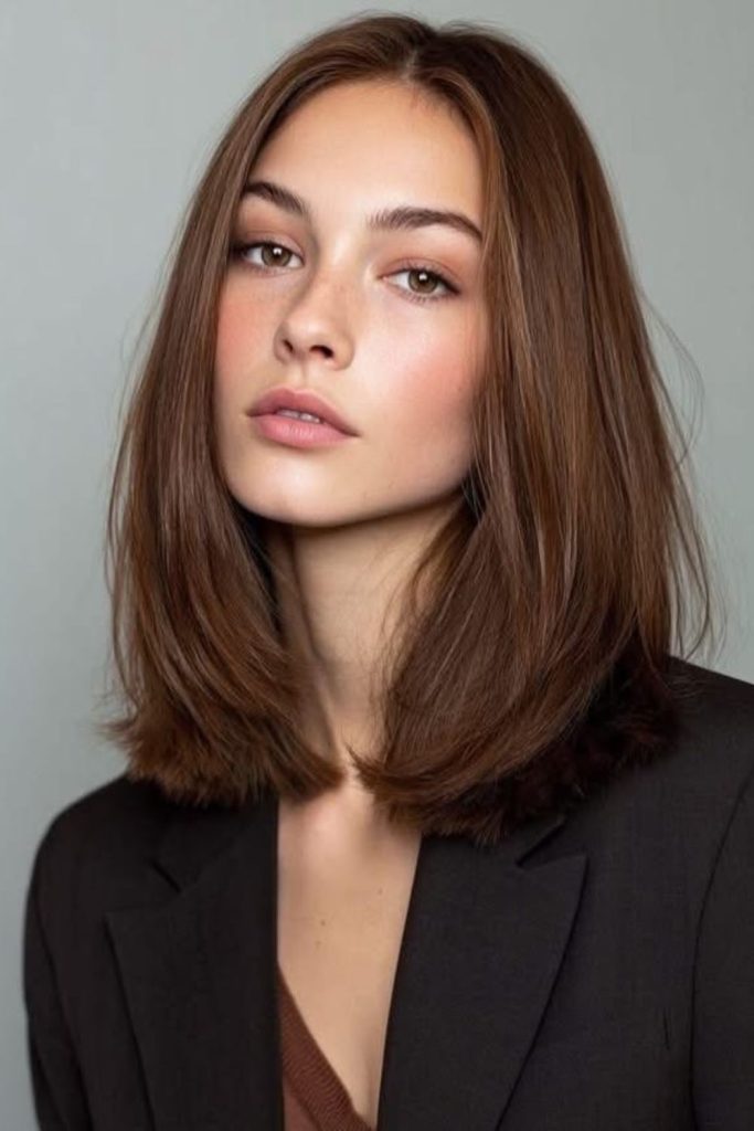 Sleek middle-part straight medium hair.