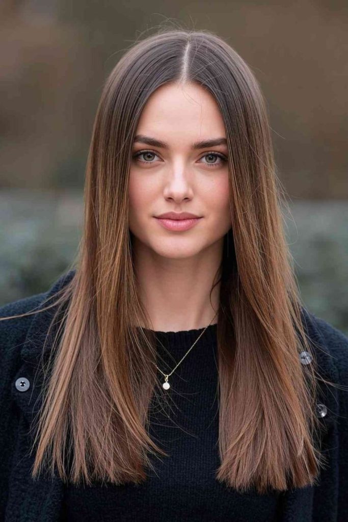 Sleek middle-part straight school hair.