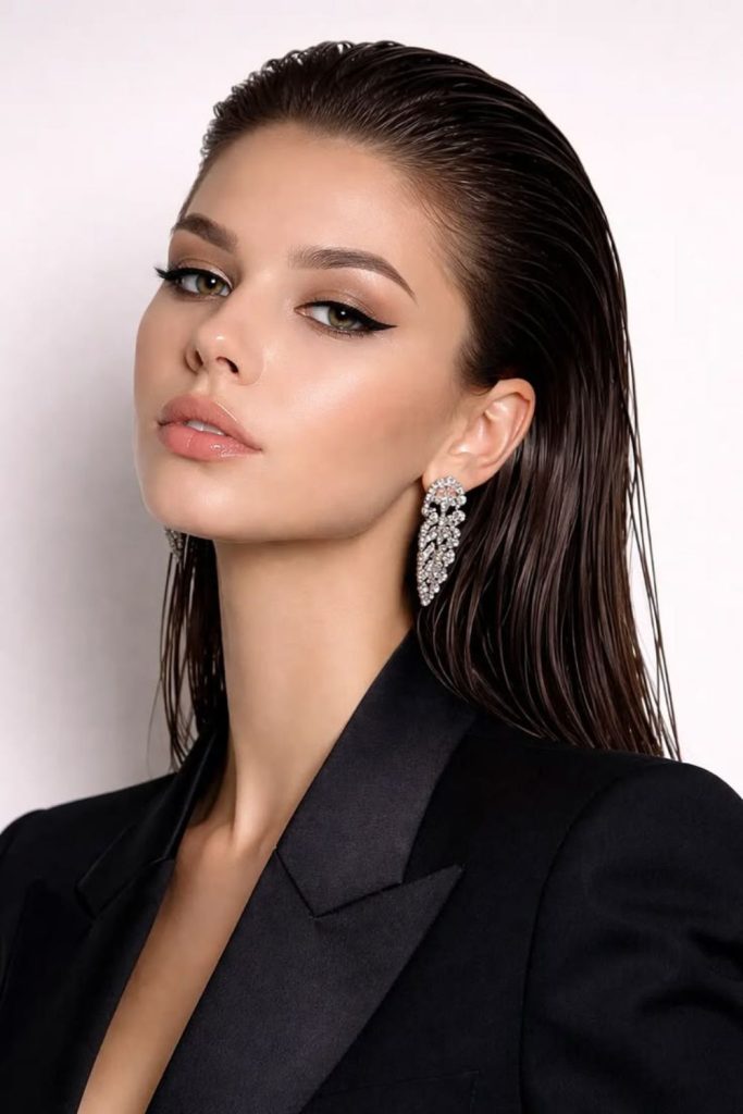 Sleek noir straight hairstyle women.