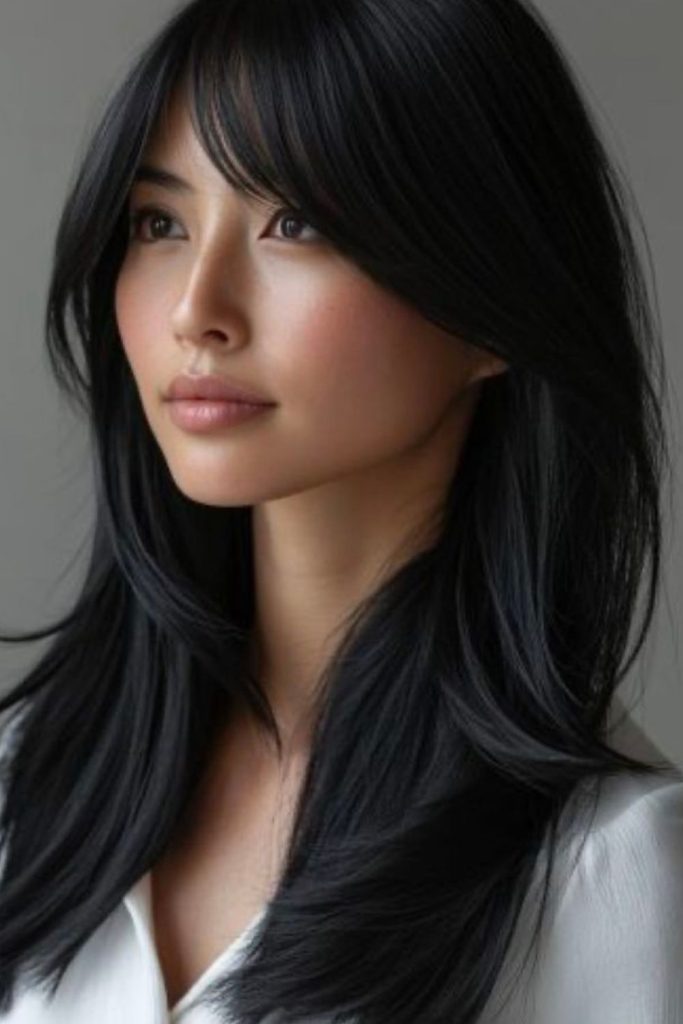 Sleek Obsidian Sweep with glossy black hair.