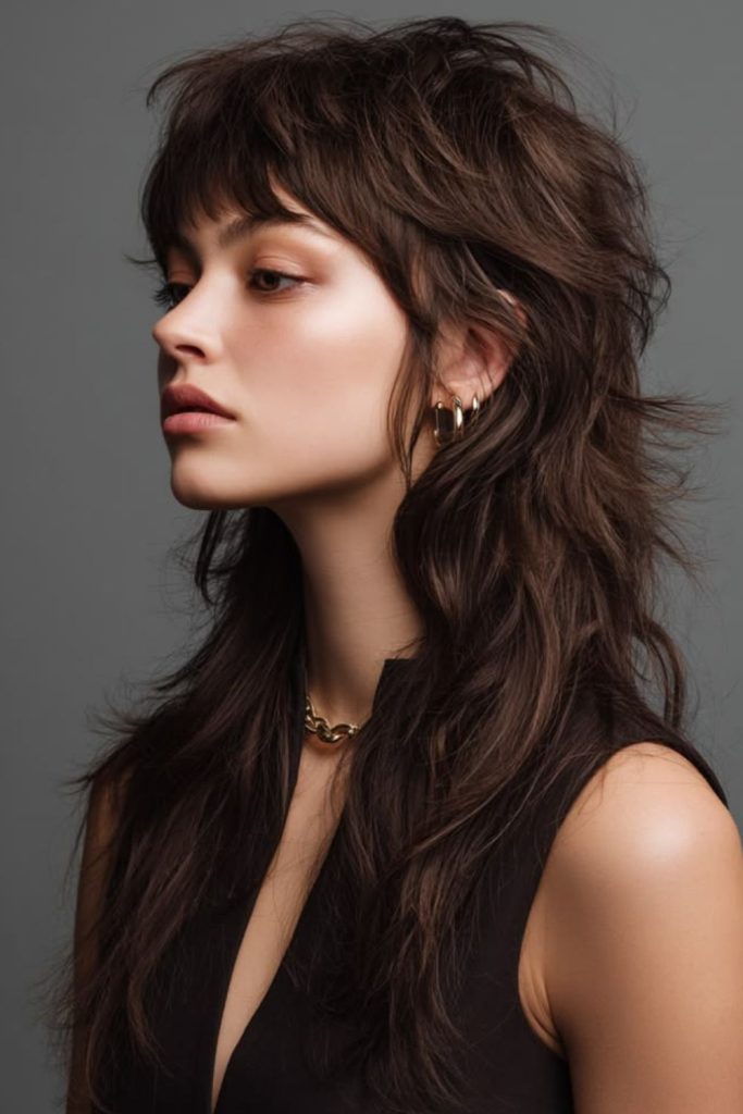 Sleek rebel wolf cut with bangs.