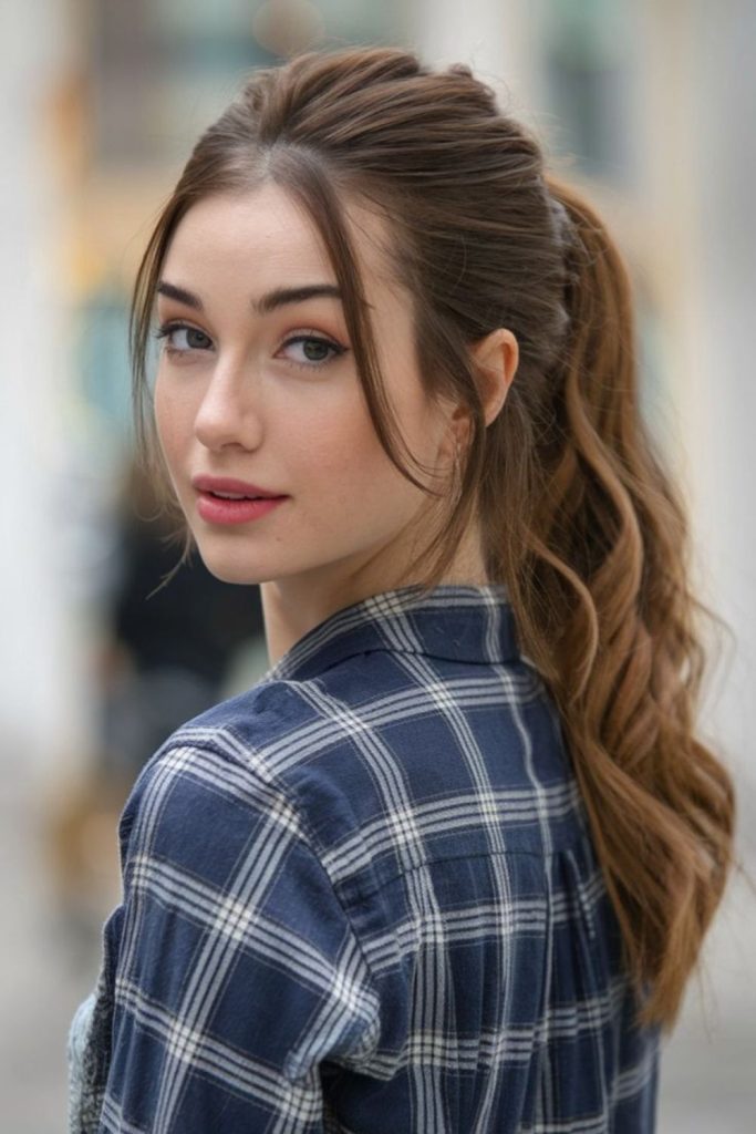 Sleek side pony with scrunchie.