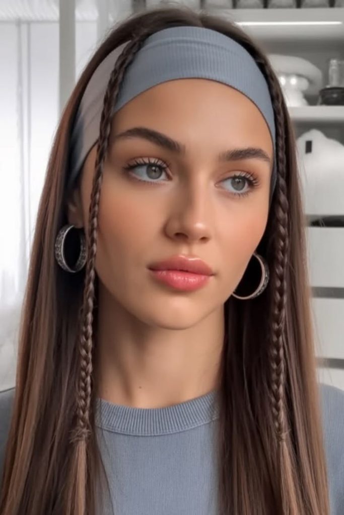 Sleek straight hair bandana headband style.
