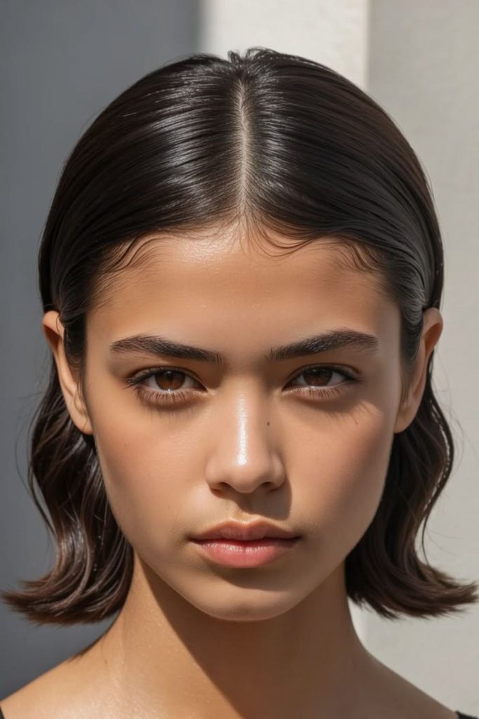 Sleek tucked behind ear hairstyle.