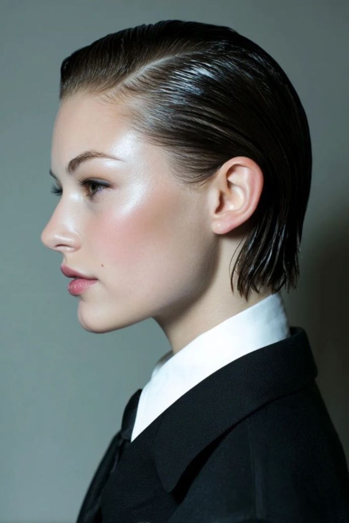 Slicked back polished short hairstyle.